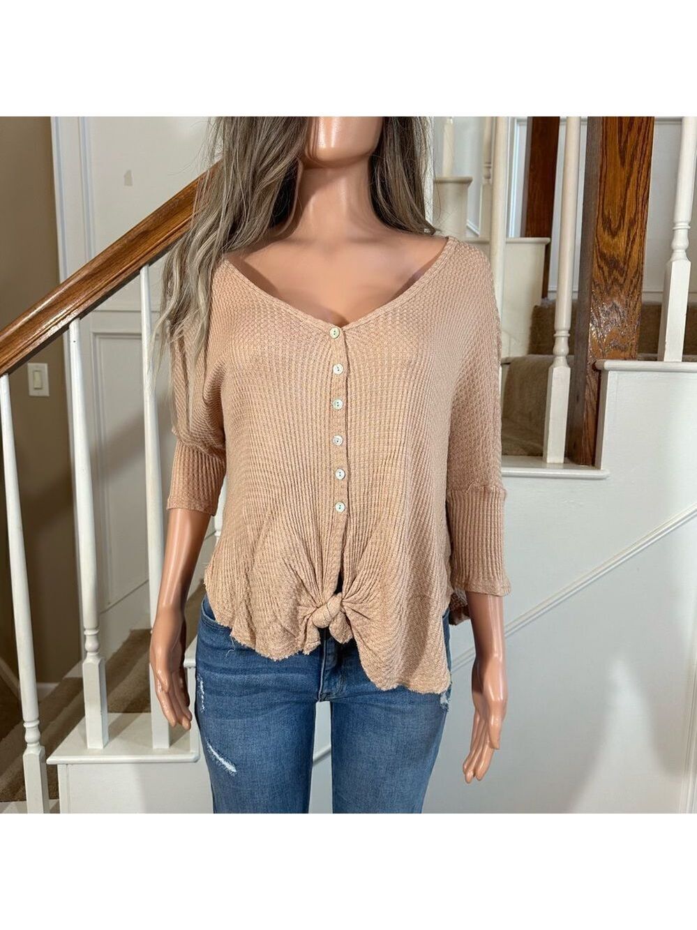 Oversized taupe waffle knit tie front top